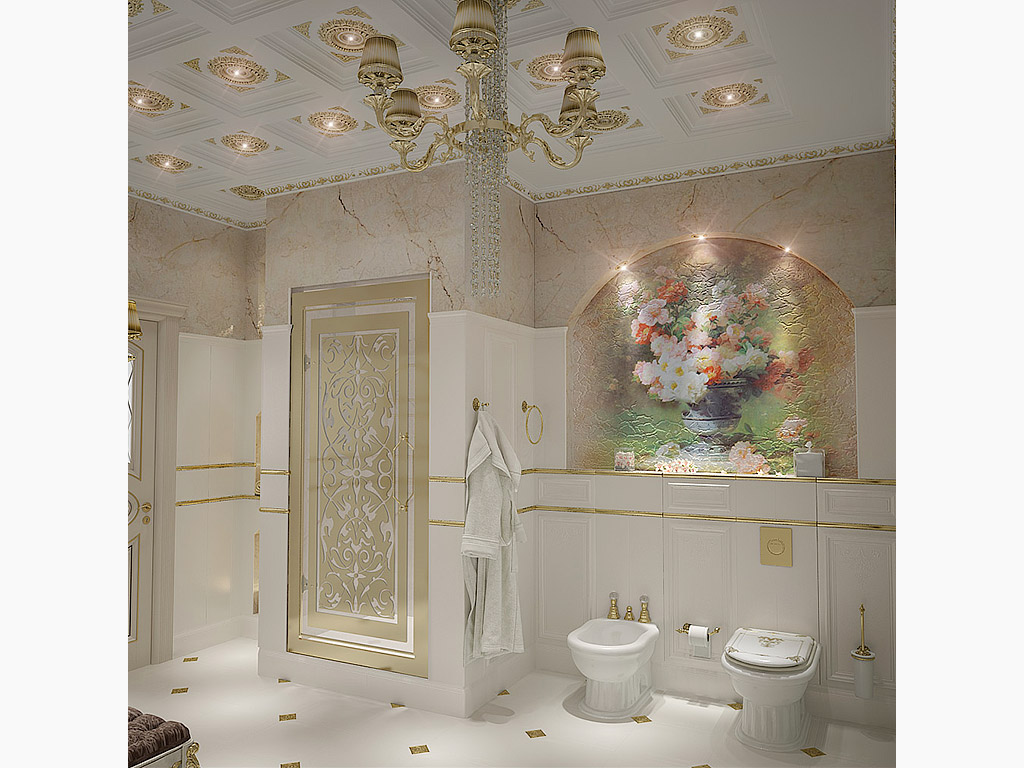 Дизайн ванной в дворцовом стиле в коттедже